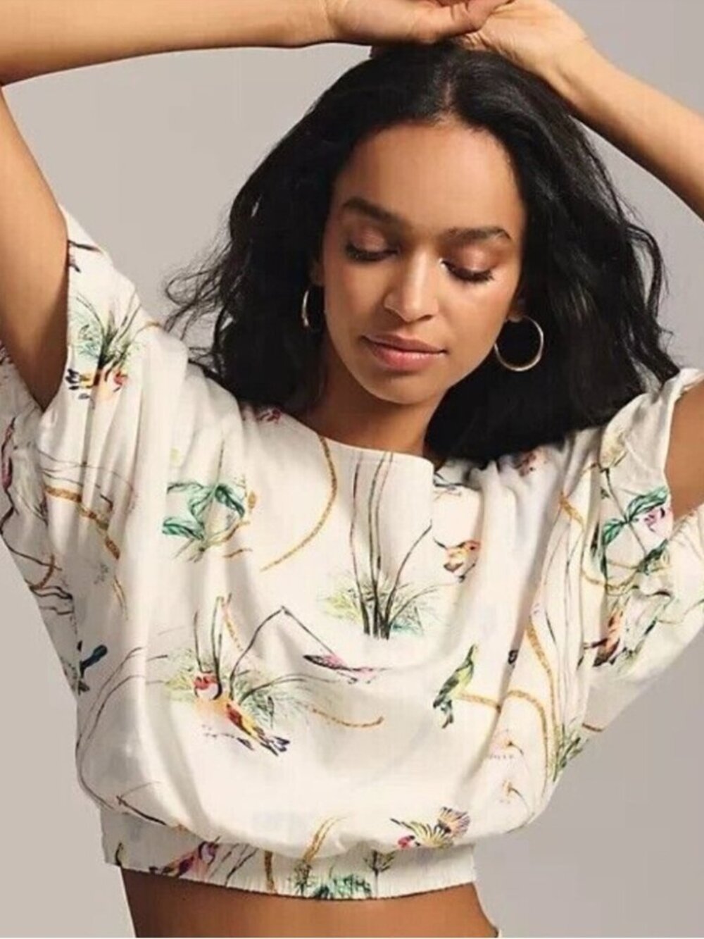 Maeve by Anthropologie Floral Bird Print Bubble Crop Top - Size Medium